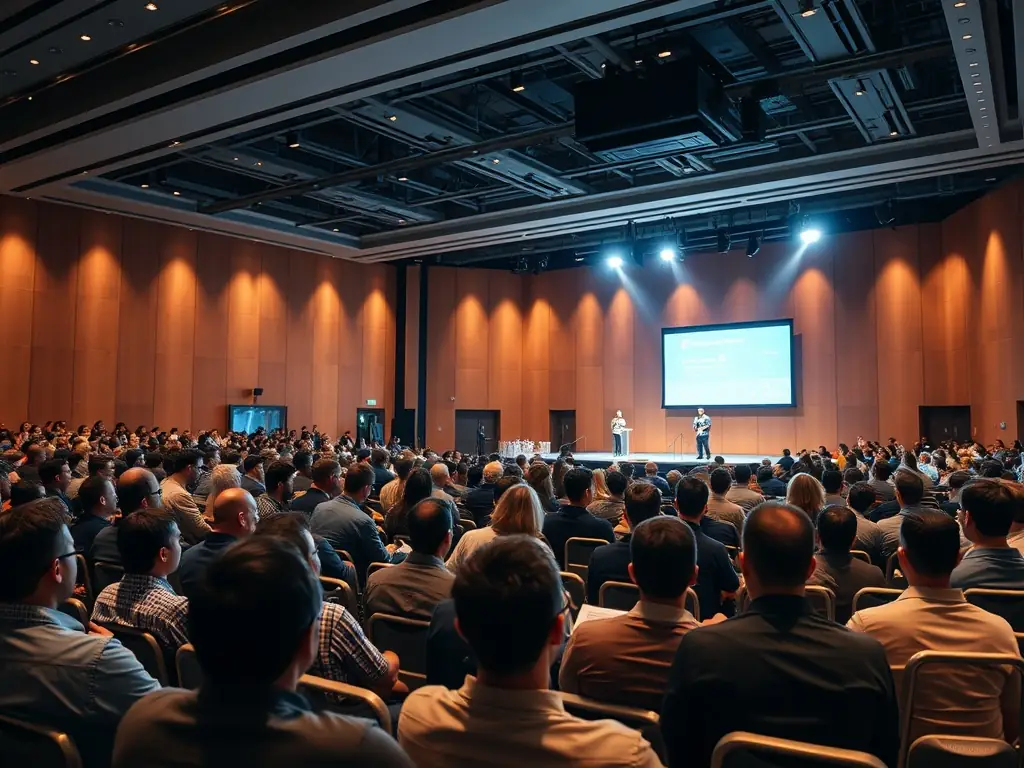 A photograph of a conference hall during a keynote speech, with attendees actively listening and taking notes, capturing the energy and engagement of the event.