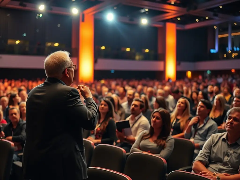 A dynamic shot of a keynote speaker passionately addressing a large audience at a CloudMatrix leadership conference in London, UK, emphasizing the energy and engagement of the event.