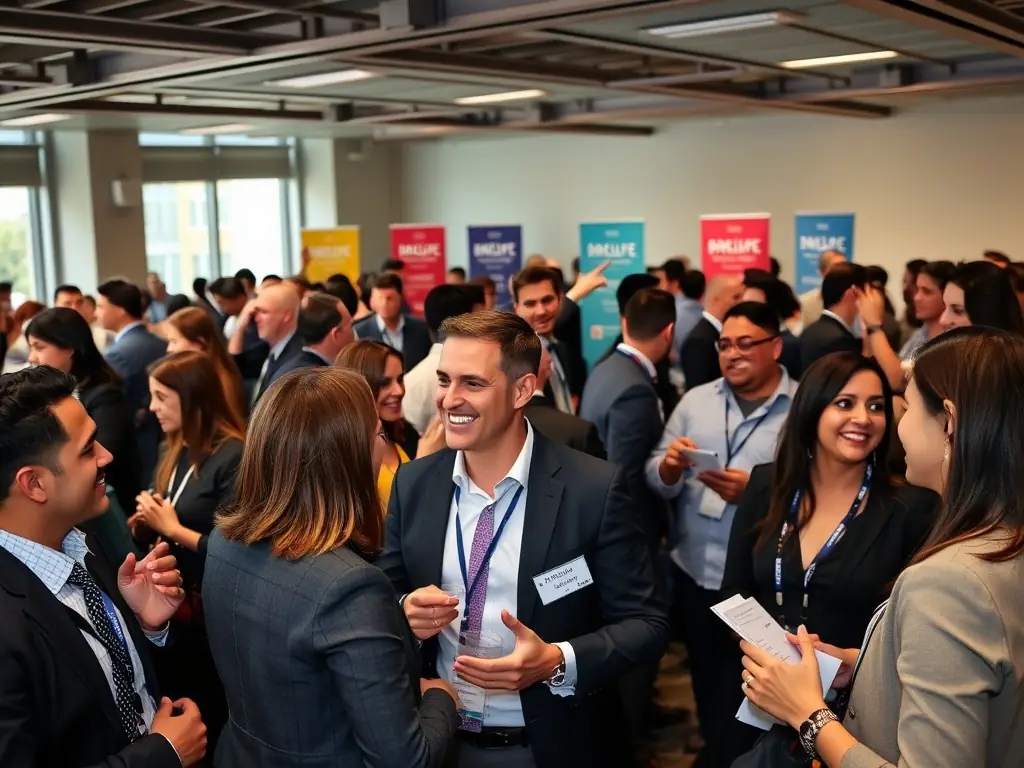 A candid photo capturing a networking session at a CloudMatrix conference in Manchester, UK, showcasing attendees actively engaging in discussions and exchanging business cards.