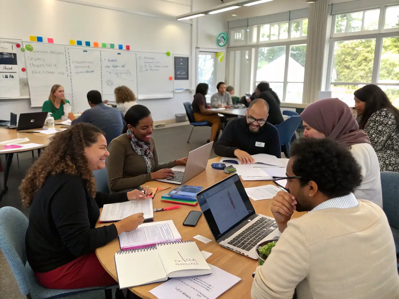 A vibrant image of a workshop session at a CloudMatrix leadership conference in Edinburgh, UK, where participants are actively involved in a hands-on activity.